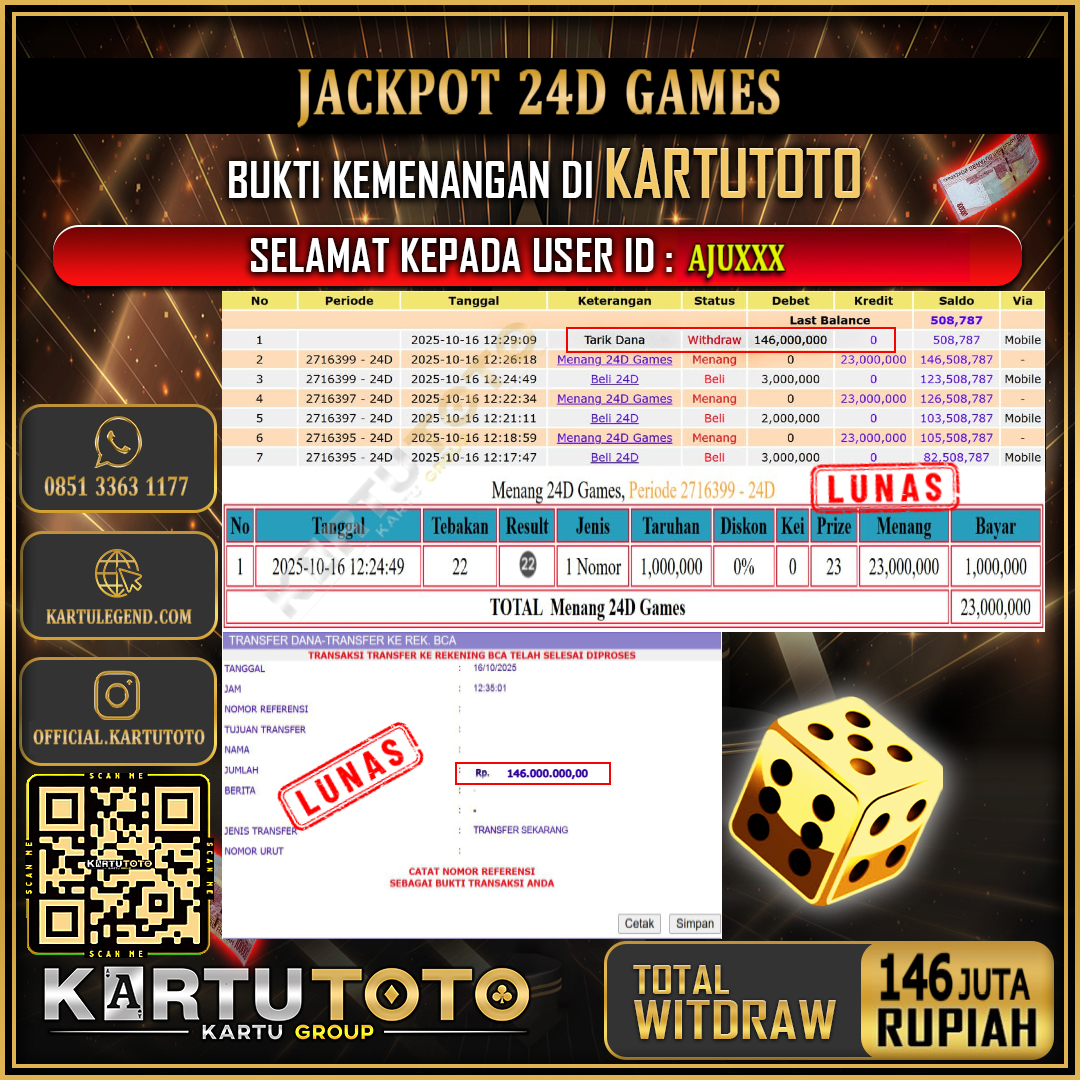 KARTUTOTO JACKPOT LIVE GAME 24D GAMES Rp.146.000.000,- LUNAS USER ID : AJU***