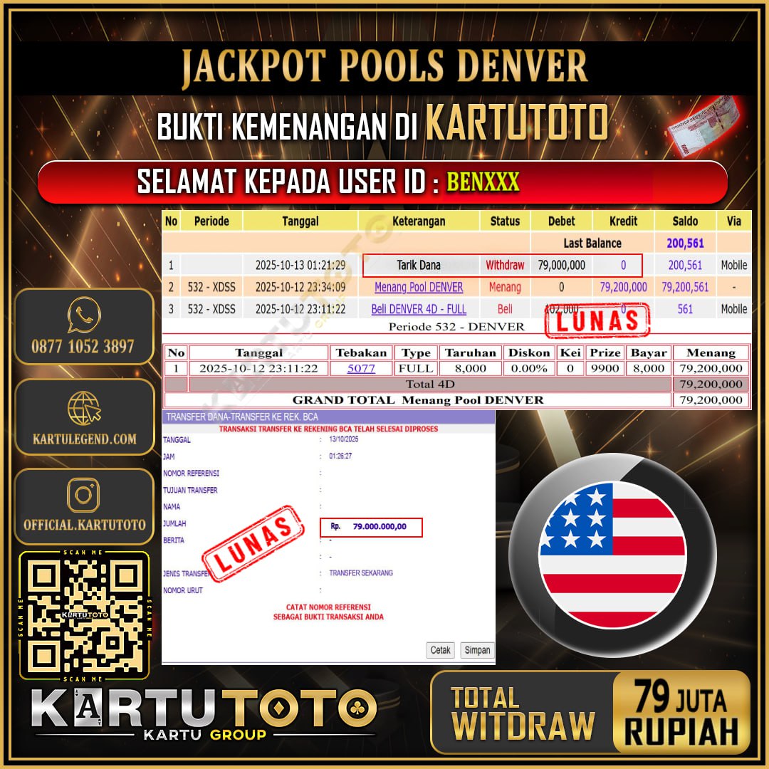 KARTUTOTO JACKPOT TOGEL DENVER Rp.79.000.000,- LUNAS USER ID : BEN***