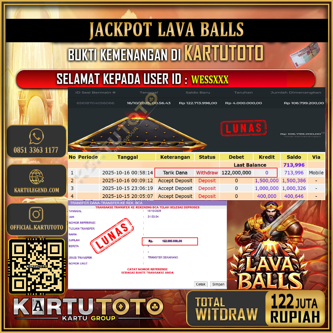 KARTUTOTO JACKPOT SLOT LAVA BALLS Rp.122.000.000,- LUNAS USER ID : WESS***