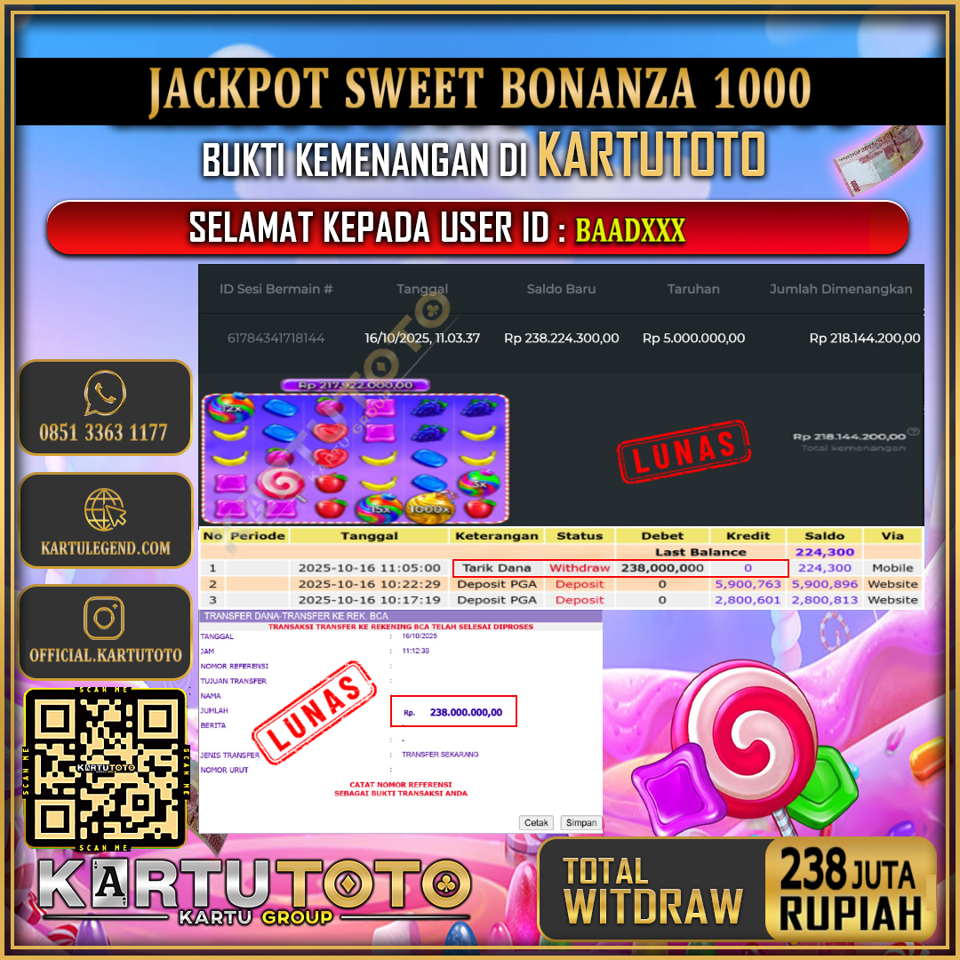 KARTUTOTO JACKPOT SLOT SWEET BONANZA 1000 RUSH Rp.238.000.000,- LUNAS USER ID : BAAD***