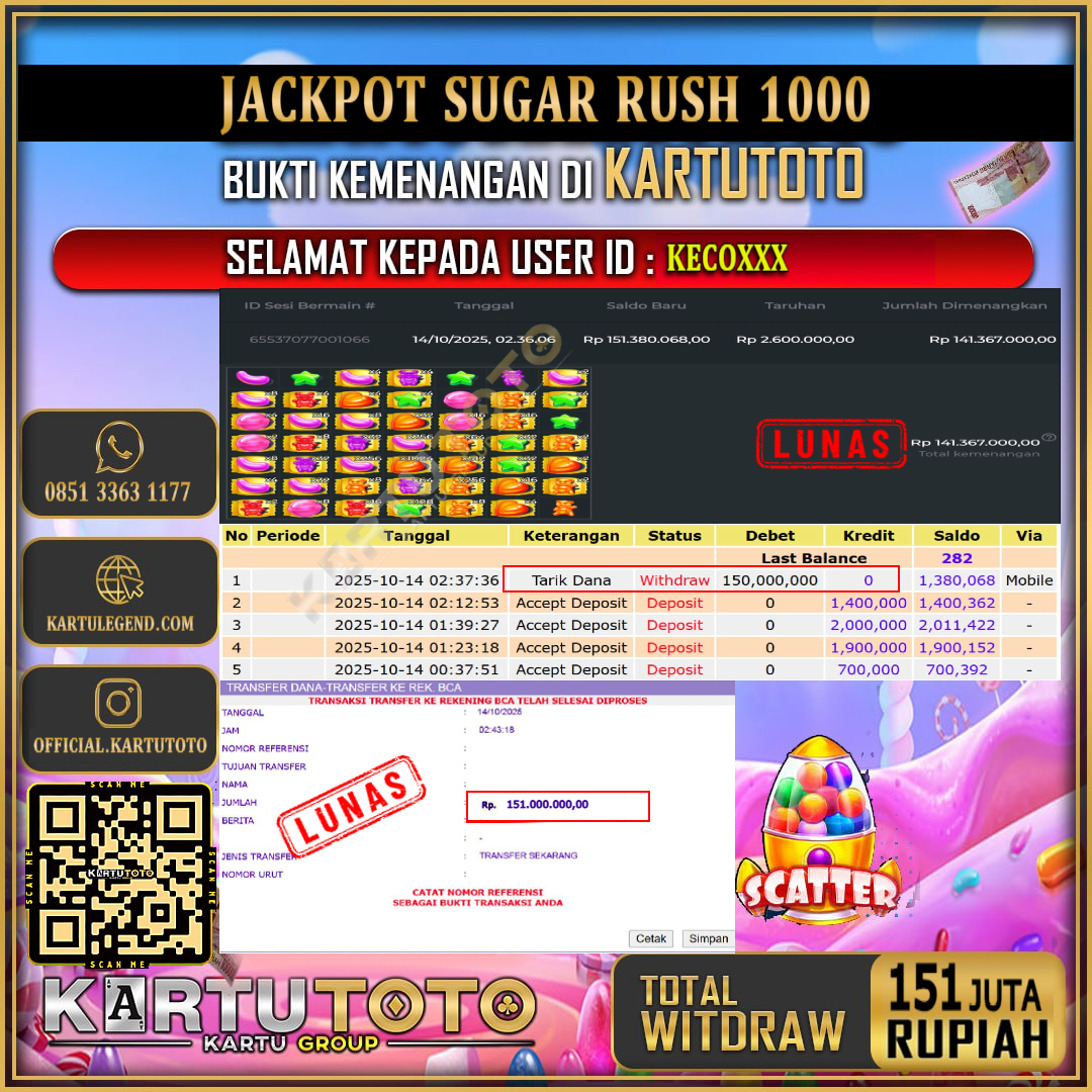 KARTUTOTO JACKPOT SLOT SUGAR RUSH 1000 Rp.151.000.000,- LUNAS USER ID : KECO***