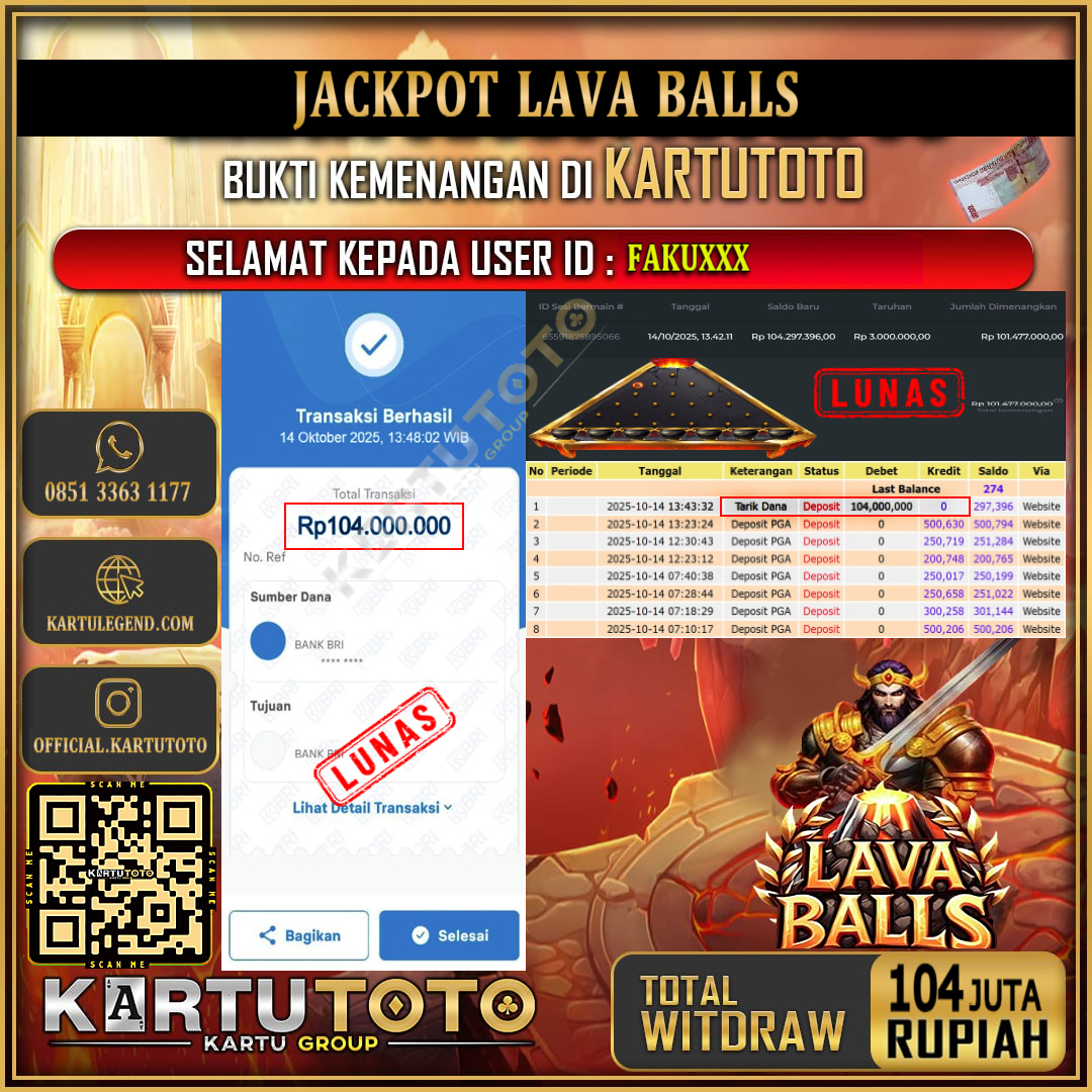 KARTUTOTO JACKPOT SLOT LAVA BALLS Rp.104.000.000,- LUNAS USER ID : FAKU***