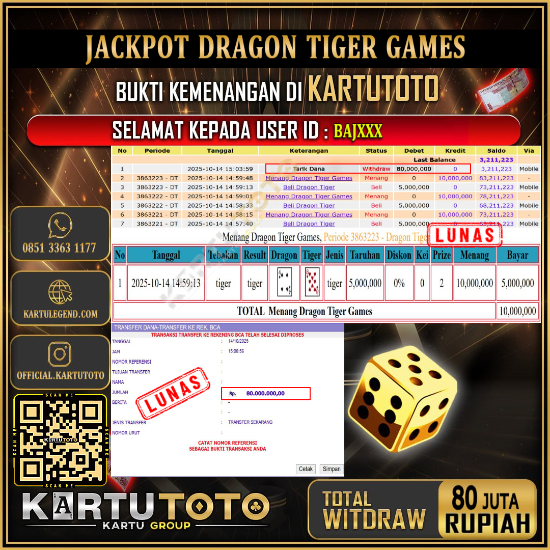 KARTUTOTO JACKPOT LIVE GAME DRAGON TIGER GAMES Rp.80.000.000,- LUNAS USER ID : BAJ***