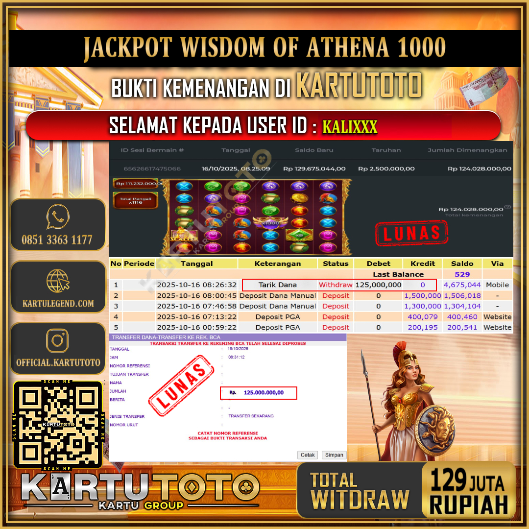 KARTUTOTO JACKPOT SLOT WISDOM OF ATHENA 1000 Rp.129.000.000,- LUNAS USER ID : KALI***