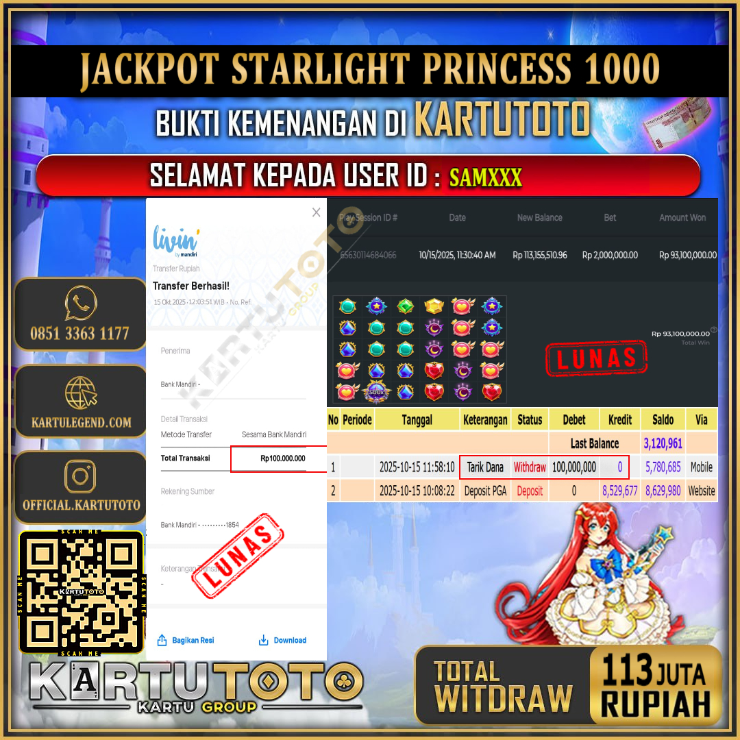 KARTUTOTO JACKPOT SLOT STARLIGHT PRINCESS 1000 Rp.113.000.000,- LUNAS USER ID : SAM***