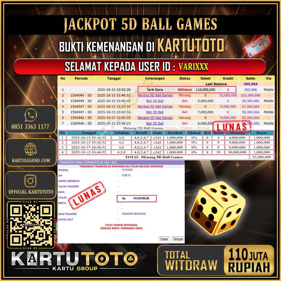 KARTUTOTO JACKPOT LIVE GAME 5D BALL GAMES Rp.110.000.000,- LUNAS USER ID : VARI***